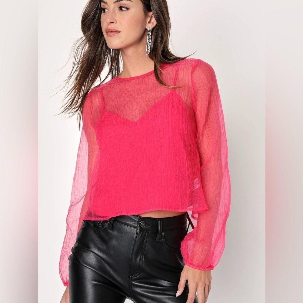 Lulus Street Style Chic Pink Chiffon Sheer Bow Tie-Back Long Sleeve Top Sz Small